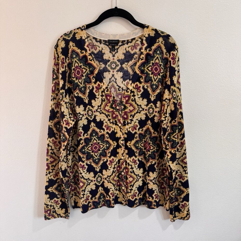 Talbots Cardigan Sweater XL Pure Merino Wool Soft Knit Floral Gold Buttons